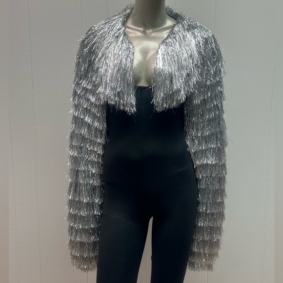 Meet Me Silver Metallic Tinsel Fringe Bolero Jacket - Picture 2 of 7